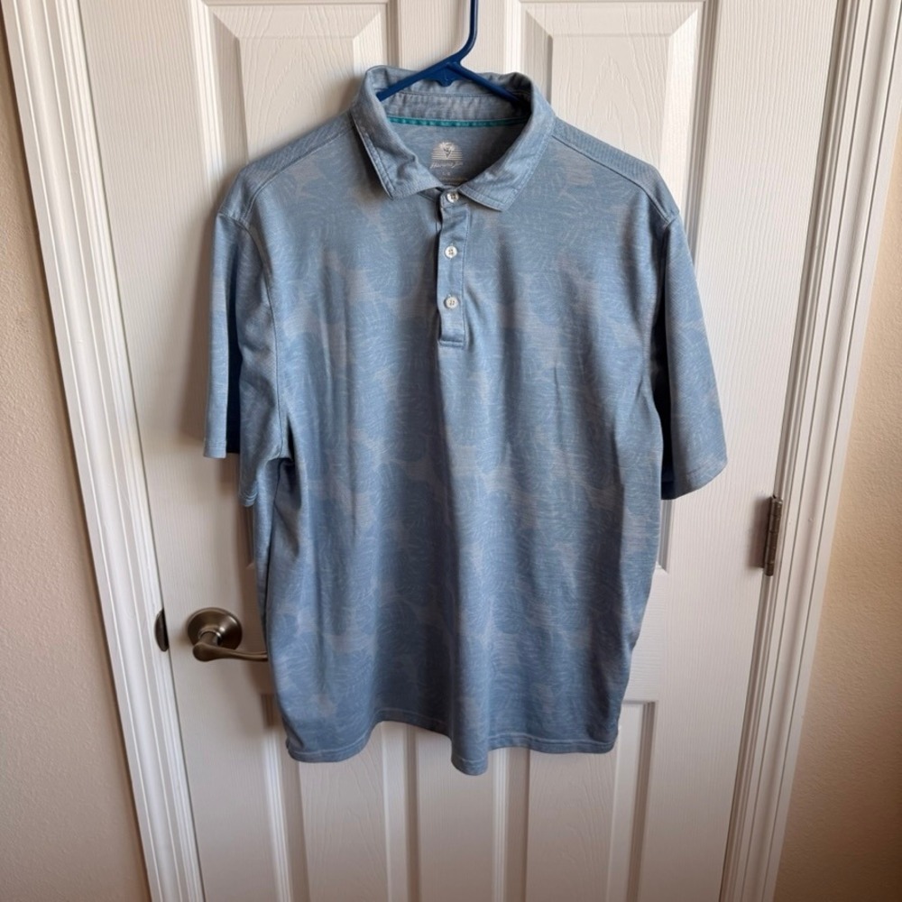 Havana Jim Mens Blue Monstera Leaf Palm Print Short Sleeve Polo Shirt Large